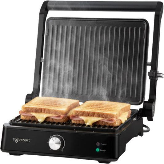 Safecourt Kitchen Toasted Sandwich Maker - Panini Grill und Toasted Sandwich Eisen - Abnehmbare PFAS-freie Platten & spülmaschinenfest - Große Grillfläche - Schnelle Hitze - Kontaktgrill - Schwarz