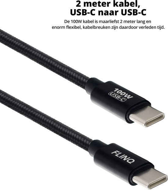 FlinQ - 2x USB C auf USB C Kabel 100W - Schnellladegerät für Smartphone, Tablet - Datenkabel und Ladegerät - 2 Meter langes Nylon-Ladekabel