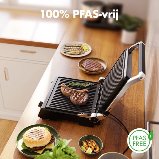 KitchenBrothers Contact Grill Deluxe - Grillgerät - Abnehmbare Grillplatten - Panini Grill - 5 Höheneinstellungen - 2000W - Edelstahl