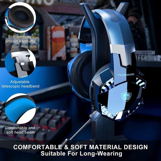 PHOINIKAS G2000 BT Bluetooth Laptop Gaming Headset mit Mikrofon Over-Ear Kopfhörer - Schwarz blau