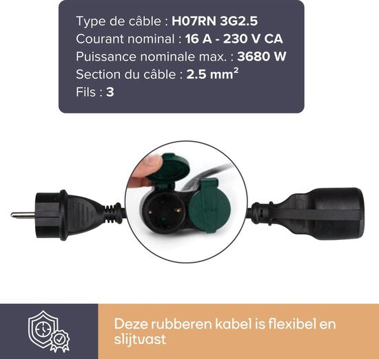 Perel Verlängerungskabel, Verlängerungsschnur, Stromkabel, Verlängerungskabel, Innenkabel mit zwei Steckdosen für den Außenbereich IP44, geerdet, Schuko, H07RN 3G2,5, PVC, Gummi, 20 m, schwarz
