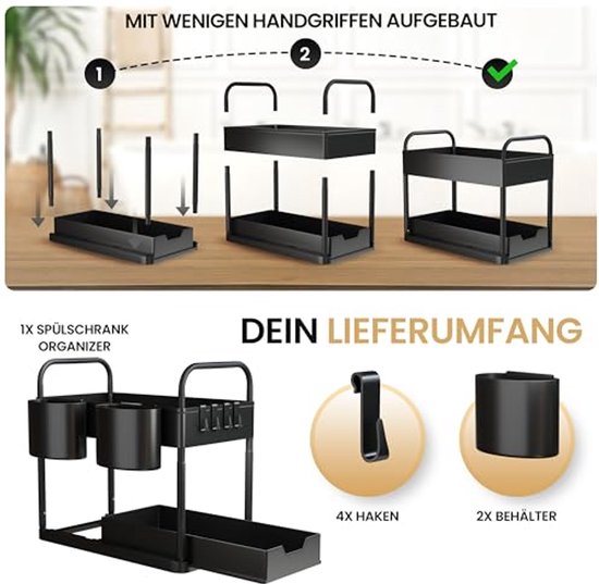 HELDENWERK Spülenregal für Spülenunterschrank, höhenverstellbar mit 2 Ebenen in schwarz, Küchenorganizer, Unterschrank, Gewürzregal, Spülenunterschrank-Organizer