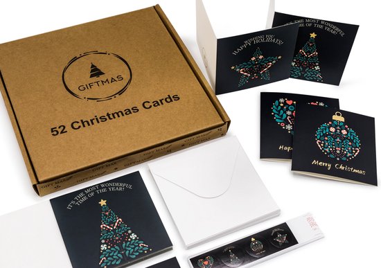 Giftmas Weihnachtskarten - Grußkarten - 52 Stück - Mit Umschlägen und Aufklebern - 10x10cm