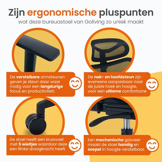 Goliving Ergonomischer Bürostuhl - Bürostuhl - Mit Kopfstütze - Bürostuhl - Verstellbar - Gaming - Für Erwachsene - NEN-1335 - Schwarz