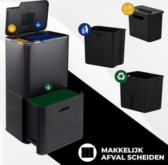 Bayt Mülleimer 60 Liter - Mülleimer 60 Liter - Mülltrennung - 2 Fächer - Edelstahl - Schwarz