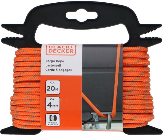 BLACK+DECKER Zurrgurt mit Oproller 20 Meter - Inkl. Zurrgurt Oproller - Zurrgurt - Transportseil - Elastisches Seil - mit reflektierenden Teilen - Transportmanagement - Nylon/ Kunststoff - Orange/Schwarz