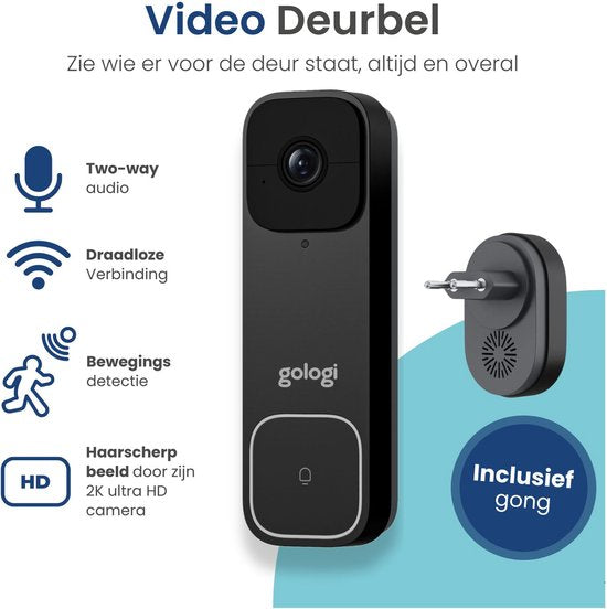 Gologi Video-Türklingel - Intelligente Türklingel mit Kamera und WiFi - HD-Videoqualität - Schnurlos mit Batterie - Inklusive Wandhalterung und Klingel - Nachtsicht - Wasserdicht - Schwarz