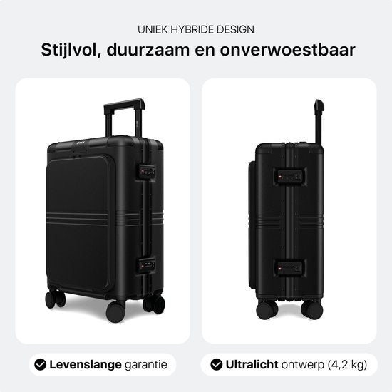ONYX Hybrid Pro Handgepäck Koffer mit Fronttasche 38 Liter - Recyceltes Polycarbonat und reißverschlussloses Design - Reisekoffer mit TSA-Schloss und Spinner-Rädern - Leichter Trolley mit Laptop-Fach - Onyx Schwarz