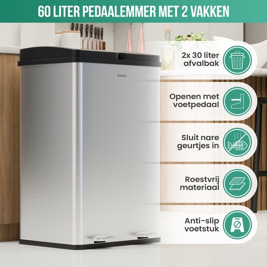 Avalo Mülleimer Abfalltrennung 60 Liter - Edelstahl Silber - 2 Fächer - Umweltbewusst, Hygienisch & Fingerabdruckfrei - Treteimer / Mülleimer