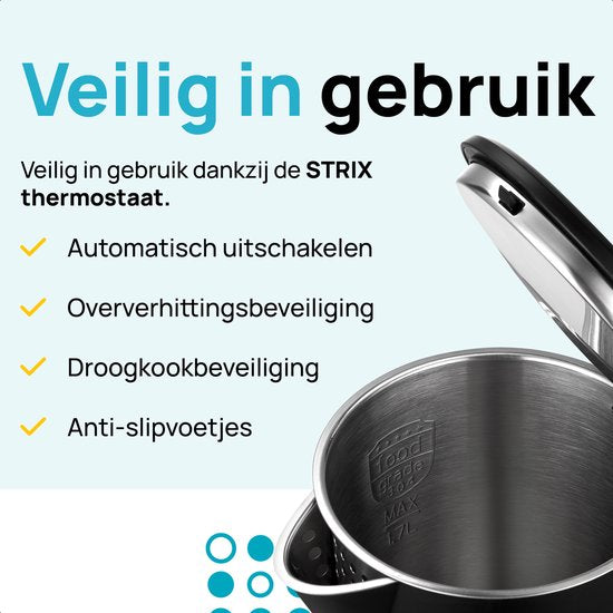 MOA Wasserkocher - Mit Temperaturkontrolle - 1,7 Liter - Doppelwandig - Warmhaltefunktion - Elektrisch - 2200W - Schwarz