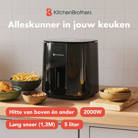 KitchenBrothers Airfryer XL - 5L - 2000W - Heißluftfritteuse - Duale Heizung - 80ÂºC bis 200ÂºC - 8 Kochprogramme - Schwarz