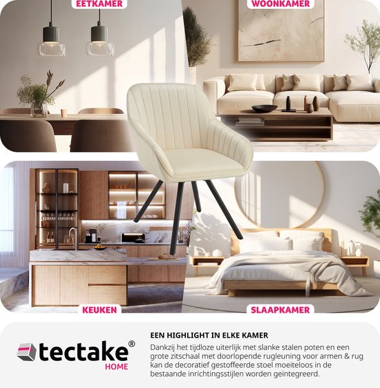 tectake - Esszimmer-Drehstuhl mit Armlehnen - Ergonomischer Schalensessel mit Samtbezug - Gepolstert - Drehstuhl für Wohnzimmer, Esstisch, Arbeitszimmer, Frisiertisch und Küche - Creme
