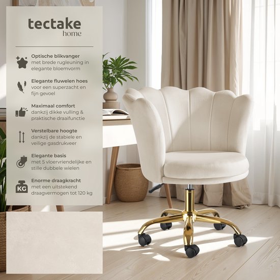 tectake® Bürostuhl - Höhenverstellbarer Drehstuhl mit Samtpolsterung - Ergonomische Schalenform - Stuhl mit Rollen - Esszimmerstuhl auf Rollen - 360° drehbar - Bürostuhl - Weiß