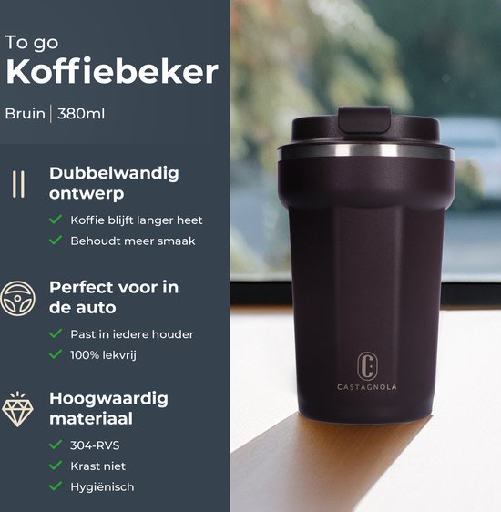 Castagnola Thermos Cup - Kaffeebecher To Go - Reisebecher für Kaffee und Tee - Teebecher - 380 ML - Edelstahl - Braun - Octagon