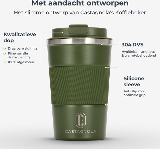 Castagnola Thermosbecher - Kaffeebecher To Go - Reisebecher für Kaffee und Tee - Teebecher - 380 ML - Edelstahl - Grün