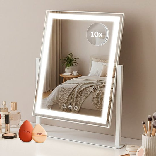 Fraay® Hollywoodspiegel mit Beleuchtung 41x30cm - 3 Lichtstufen - Schminkspiegel mit 10-facher Vergrößerung - LED-Streifenbeleuchtung dimmbar - inkl. Beauty Blender und Puderquaste