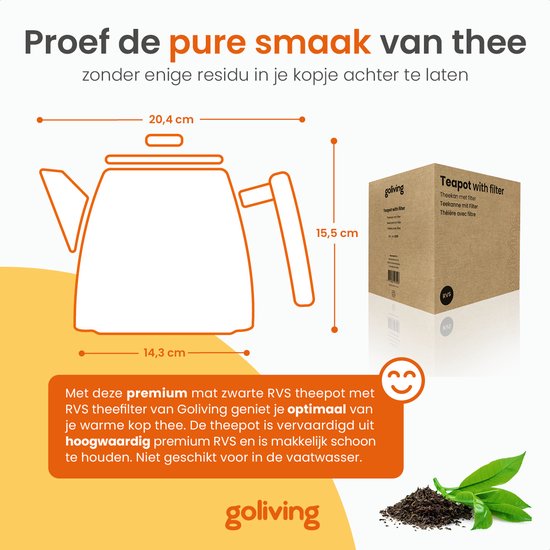 Goliving Teekanne mit Filter - 1 Liter - Teekanne - Doppelwandig - Edelstahl - Tee-Ei - Matt - Schwarz