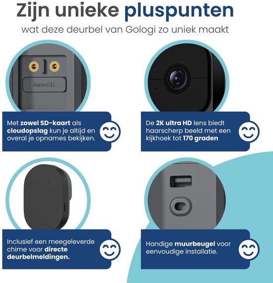 Gologi Video-Türklingel - Intelligente Türklingel mit Kamera und WiFi - HD-Videoqualität - Schnurlos mit Batterie - Inklusive Wandhalterung und Klingel - Nachtsicht - Wasserdicht - Schwarz