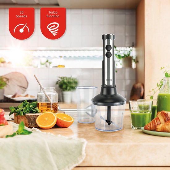 Bourgini Stabmixer - 4-tlg. Leistungsstarkes Stabmixer-Set aus Edelstahl -20 Geschwindigkeiten - Schneebesen - Zerkleinerer 600ml - Messbecher 800ml - 1500W