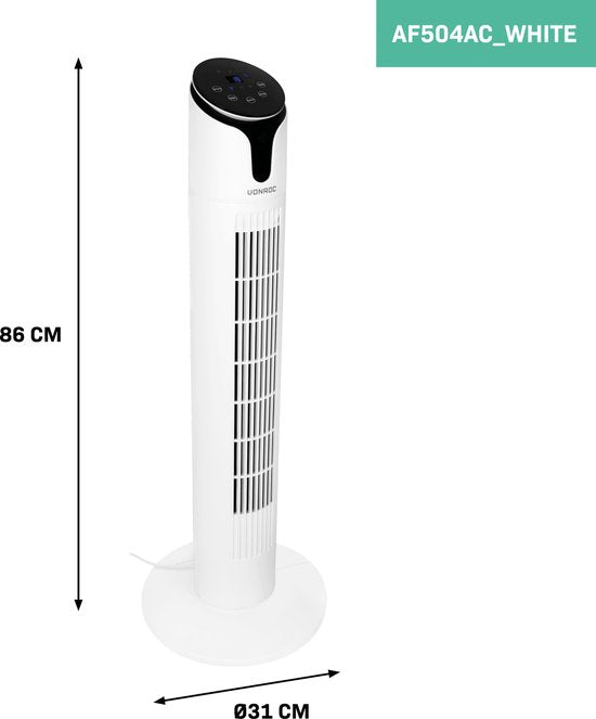 VONROC Luxury Fan - Turmventilator - Höhe 86 cm - Inkl. Fernbedienung - 3 Geschwindigkeiten - Schwenkfunktion - 15-Stunden-Timer - weiß