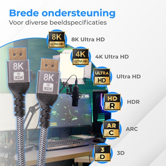 Nuvance - Displayport-Kabel - 2 Meter Display-Kabel - bis zu 32,4GBps - 8K Ultra HD - für TV, Computer, Monitor, Projektor & Beamer - Display Port