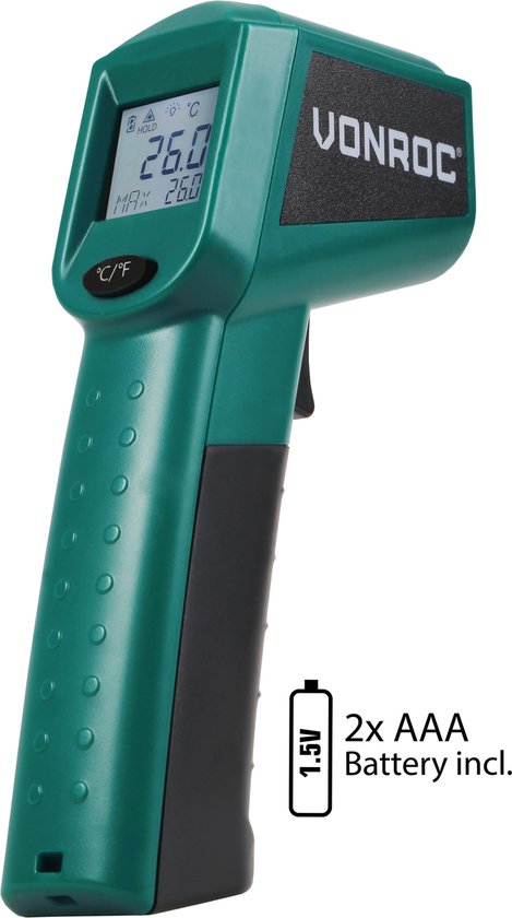 VONROC Digitales Infrarot-Thermometer - Laser - Messbereich -40°C bis 530°C - Inkl. 2 Batterien