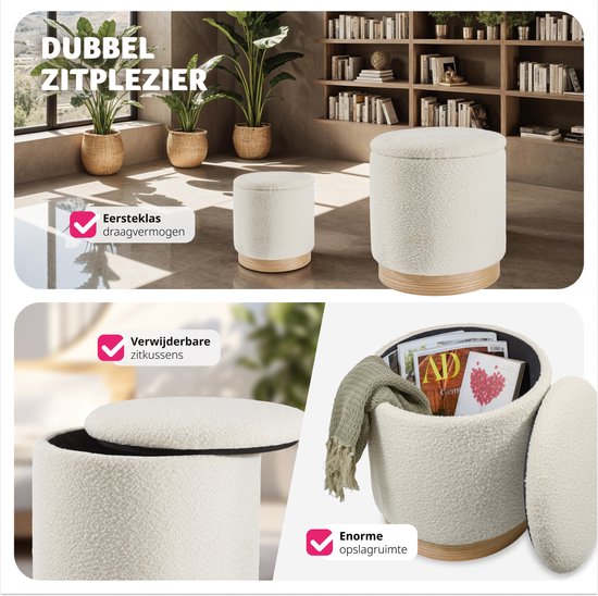 tectake® - 2er-Set Hocker mit Ablage - Bouclé-Teddy-Stoff - Scandi - Polsterhocker rund - Für Schminktisch, Schlafzimmer, Wohnzimmer - 2 Größen (38 und 32cm)