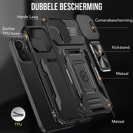 Podec Case passend für iPhone 15 Pro Schwarz Phone Case - Anti-Shock Case Cover Hybrid Armor Case mit Kickstand Ring mit Displayschutzfolie