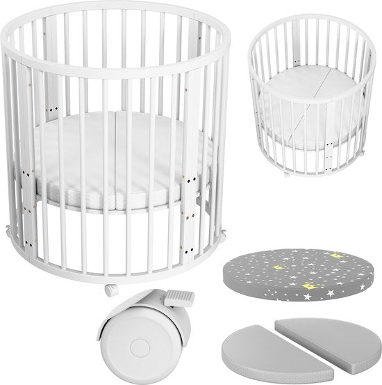Flowsense Baby Box - Runder Laufstall - Mit Matratze - Höhenverstellbar - Räder - Weiß