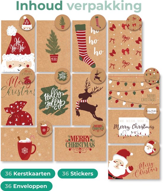 Giftmas Christmas Collection - Grußkarten & Weihnachtskarten Set - 36 Grußkarten mit 12 Motiven - Inklusive Umschläge und Aufkleber - Kraftpapier mit schwarzem Druck für die Feiertage - 20×15 cm