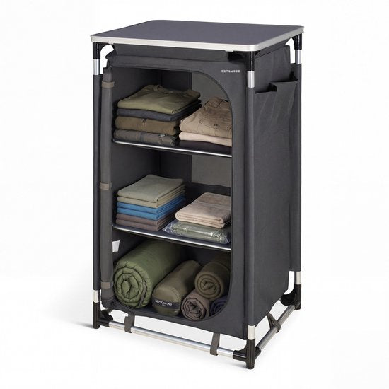 TRVLMORE Campingschrank XL - Campingküche - 90KG Tragkraft - Aluminiumrahmen - faltbar - Inkl. Tragetasche - 50x60x97CM - Grau