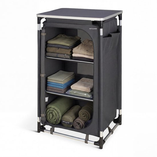 TRVLMORE Campingschrank XL - Campingküche - 90KG Tragkraft - Aluminiumrahmen - faltbar - Inkl. Tragetasche - 50x60x97CM - Grau