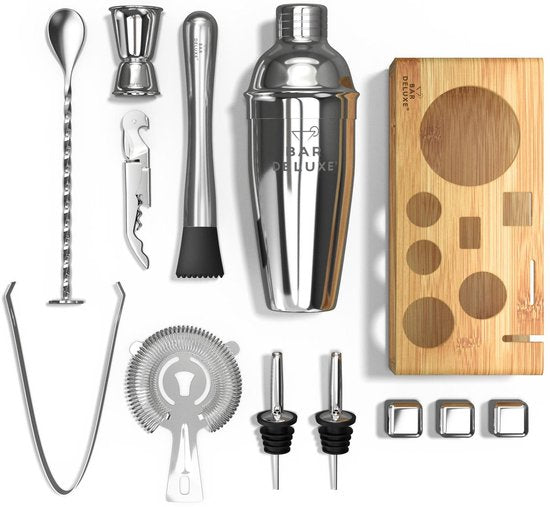 BarDeluxe® Cocktail Set - 13-teilig - Cocktail Shaker 750 ml mit Bambusständer, Rezeptbuch & Whiskey Stones - Luxus-Geschenkpaket