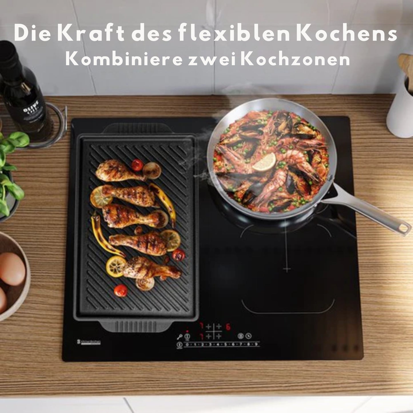 KitchenBrothers Induktionskochfeld - Einbau-Induktionskochfeld - 60 cm - 4 Zonen - 2x Flexzone - 1 und 2 Phasen - Bis zu 2400W - Schwarz