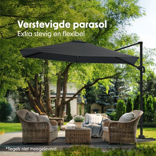 LifeGoods Sonnenschirm - 300x300 cm - neigbar - 7 Ständer - wasserdicht - mit Bezug - Anthrazit