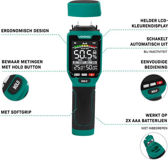 VONROC PRO Feuchtemessgerät - Duale Messfunktion: invasiv (mit Stiften) und nicht-invasiv (mit Sensor) - geeignet für Holz und Baumaterialien - mehrfarbiges LCD-Display