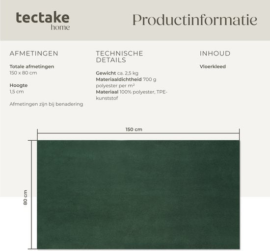 tectake® Kurzflorteppich - 80 x 150 cm - Grün - Teppich für Wohnzimmer, Schlafzimmer, Esszimmer - Pflegeleicht und waschbar - Rutschfeste Unterlage - Allergikerfreundlich - Verschiedene Größen und Farben