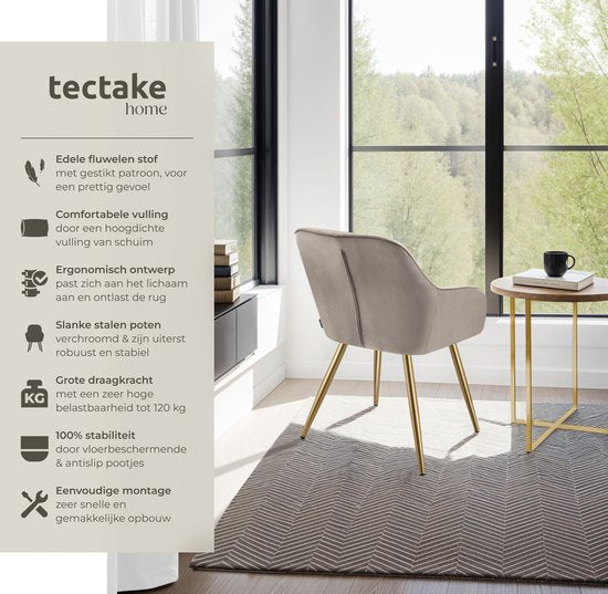 tectake Velvet Chair - Esszimmerstuhl mit gestepptem Samtstoff, moderne Küchenstühle, bequemer Sessel für Wohnzimmer, Esszimmer, Lounge - taupe / gold
