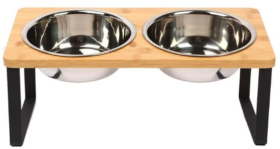 Ceruzo Doppel-Futternapf - Kleine Hunde - Edelstahl - Bambus-Metall Standard -33x15x12,5 cm