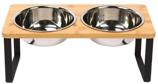 Ceruzo Doppel-Futternapf - Kleine Hunde - Edelstahl - Bambus-Metall Standard -33x15x12,5 cm