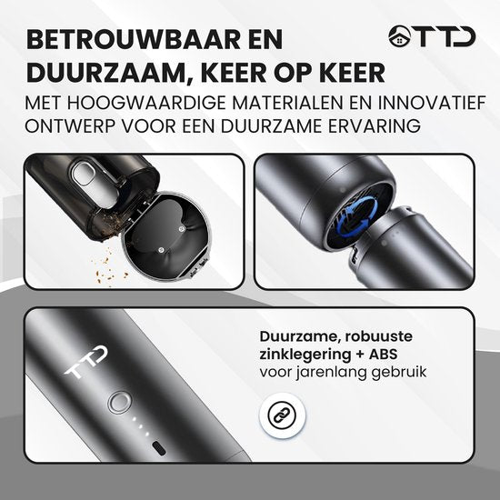 TTD® Premium Auto Staubsauger Kabellos und wiederaufladbar - 17.000 Pa - Handstaubsauger - Blasen & Saugen - Hitzebeständig - Kompaktes Design - Mit HEPA-Filter
