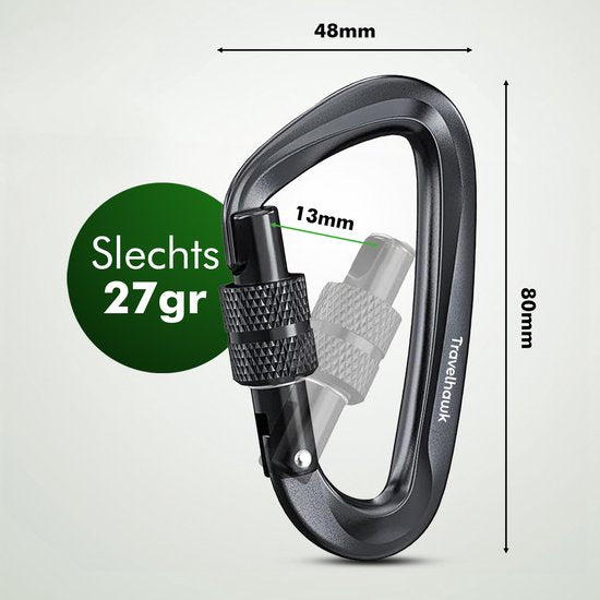 Travelhawk Karabiner - Musketonhaken mit Schraubverschluss - Karabiner Schlüsselanhänger - Aluminium - Schwarz