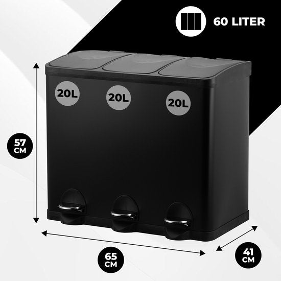 Bayt Mülleimer - Mülleimer 60 Liter - Mülleimer 60 Liter - Treteimer 60 Liter - Mülleimer 3 Fächer - Mülleimer Abfalltrennung - 3x 20 Liter - Edelstahl - Schwarz