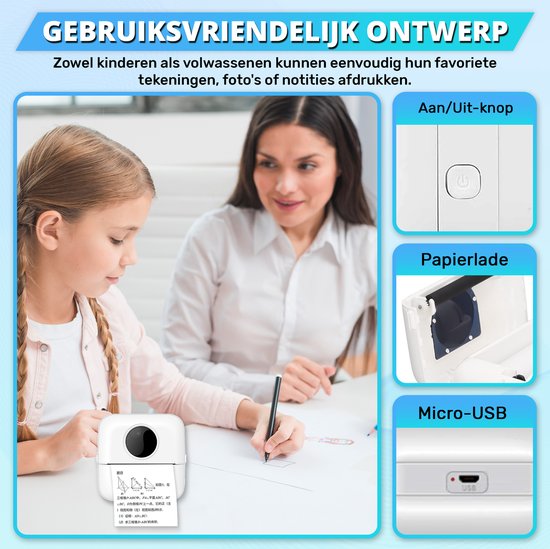 Mini-Drucker für das Handy - inkl. 6 Papierrollen, 5 Aufkleberrollen, 3 Farbrollen und Farbstiften - mobiler Taschendrucker - ohne Tinte - kabellos - weiß