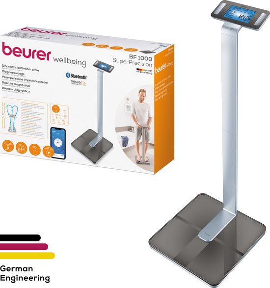 Beurer BF 1000 Superpräzisions-Personenwaage - Umfassende Körperanalyse - Säulenwaage - Beleuchtetes XXL-Display - Bis 200 kg - Kreuzmessung - 8 Elektroden - Bluetooth® - Beurer HealthManager Pro App - Inkl. Batterien - 5 Jahre Garantie