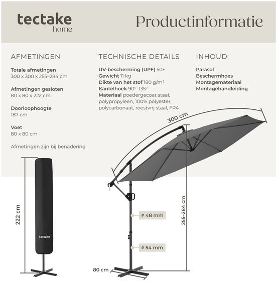 tectake® Schwebeschirm mit Sockel – 3 x 3 m – Gartenschirm – Schwenkbar – Wasserabweisendes Polyester mit UV-Schutz – Inklusive Schutzhülle – Grau