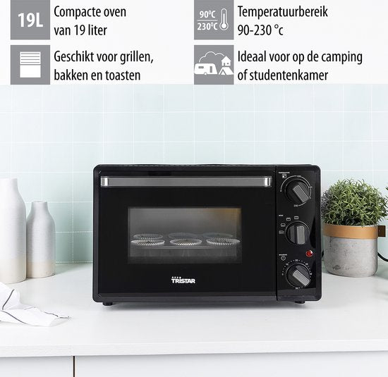 Tristar Freistehender Kompaktbackofen OV-3620 - 19 Liter Backofen - 1300 Watt - Ober- und Unterhitze - Schwarz