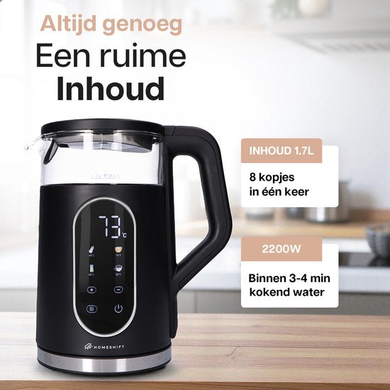 HomeShift® Wasserkocher mit Temperaturkontrolle - Warmhaltefunktion - Doppelwandig - Elektrisch - 1,7 Liter - 2200W - Schwarz