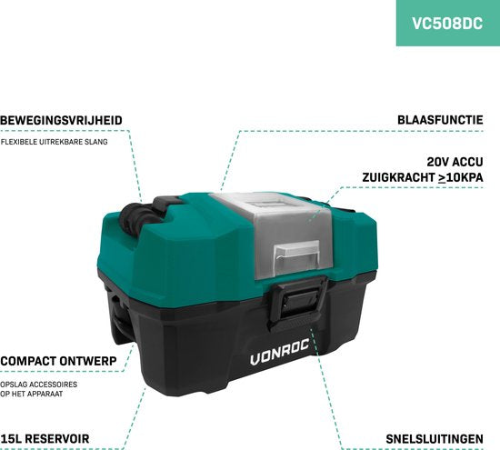 VONROC Kompakter Allzweckreiniger / Staubsauger - 20V - Inkl. diversem Zubehör - Ohne Akku & Ladegerät