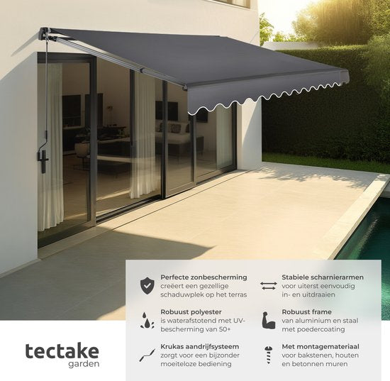tectake® Sonnenschirm mit Gelenkarm - 300 x 250 cm - Markise - Sonnenschutz für Fenster, Balkon, Außenbereich - Wandmontage - Wasser- und UV-beständig - Dunkelgrau